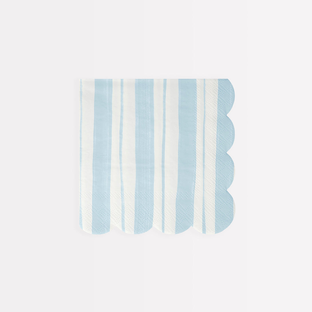 These paper napkins feature a blue, pink and green striped ticking design.