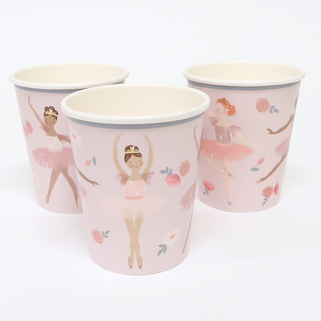 This set includes ballerina decorations for a birthday party, and tableware and a cupcake kit.