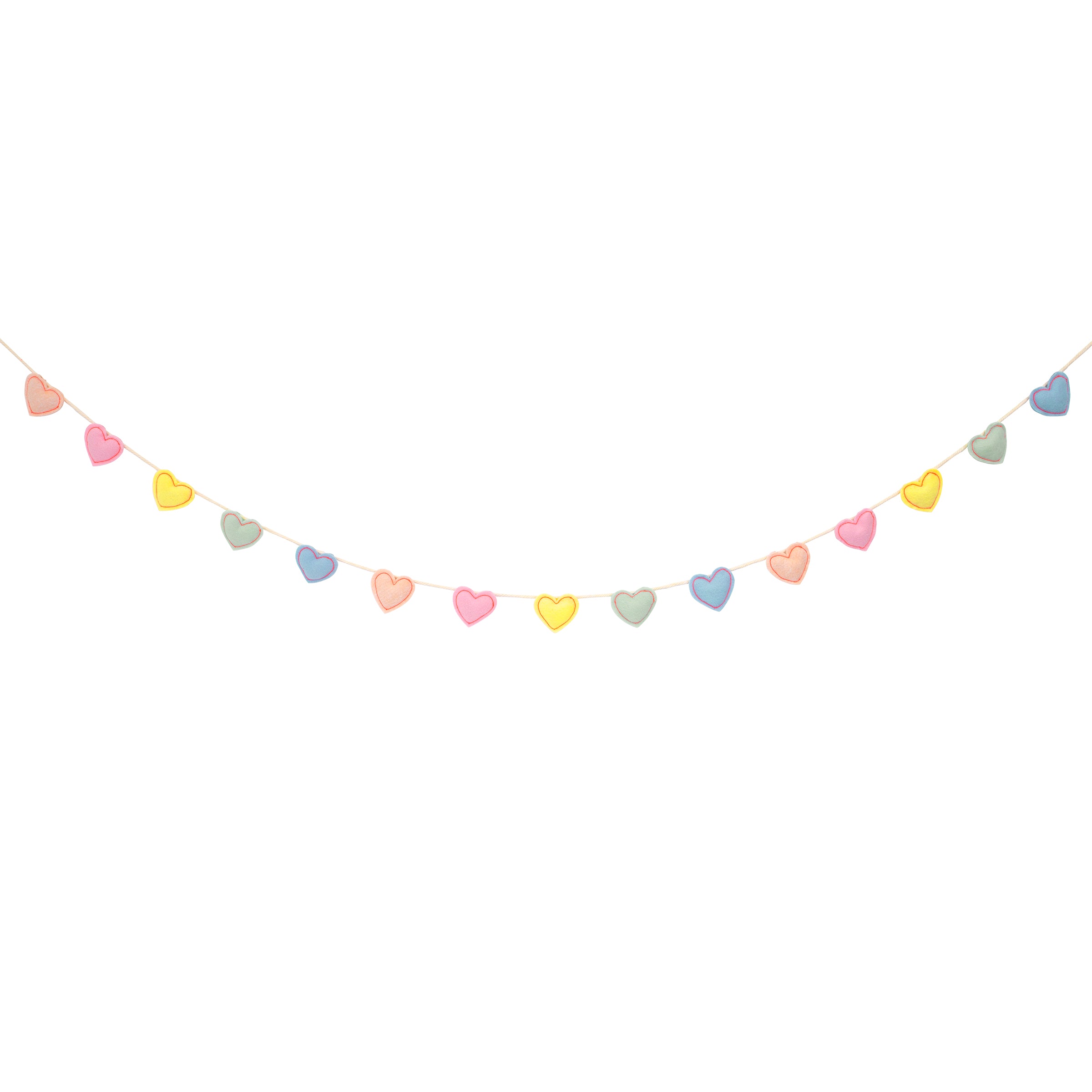 Our felt garland, featuring colorful hearts, is the perfect anniversary decoration or Valentine's Day decoration.
