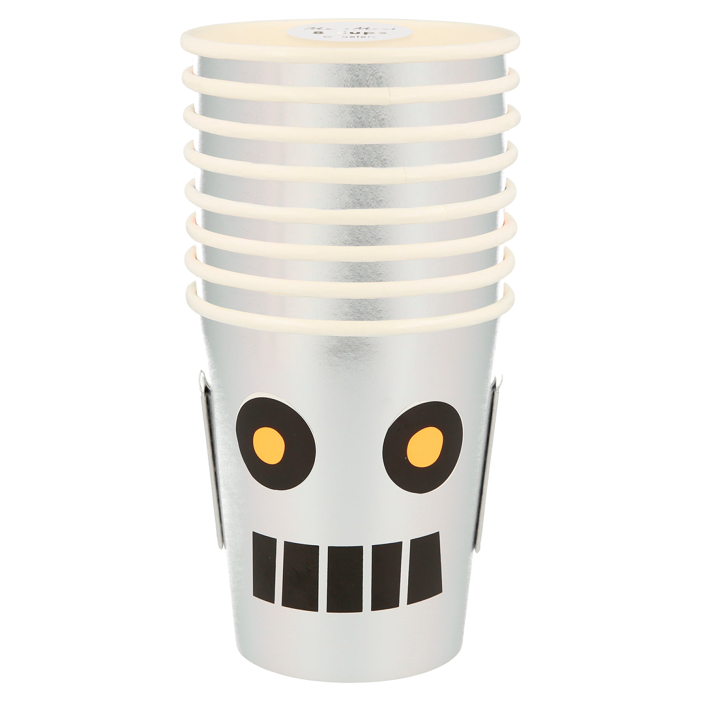 These delightful party cups feature 3D ears and a robot face, the shiny silver cups will look great at a space birthday party.