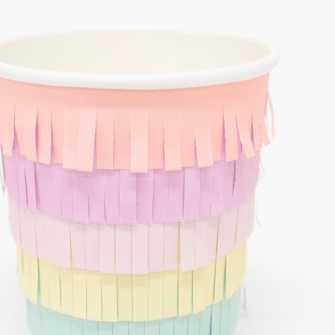 These rainbow party cups are crafted with bright layers of fringed tissue paper for a fabulous effect.