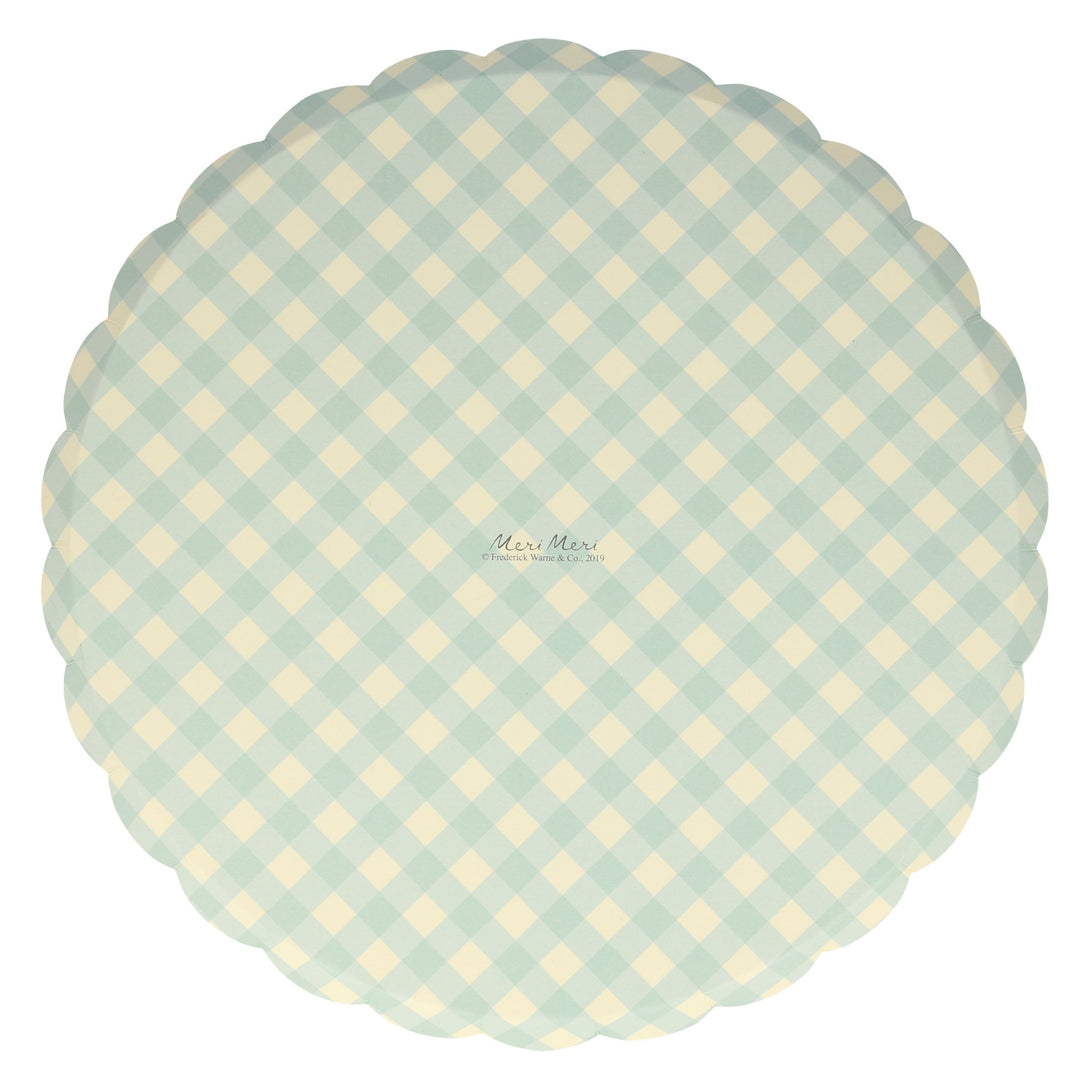 These plates feature illustrations of Peter Rabbit characters on the front, and a gingham design on the back.