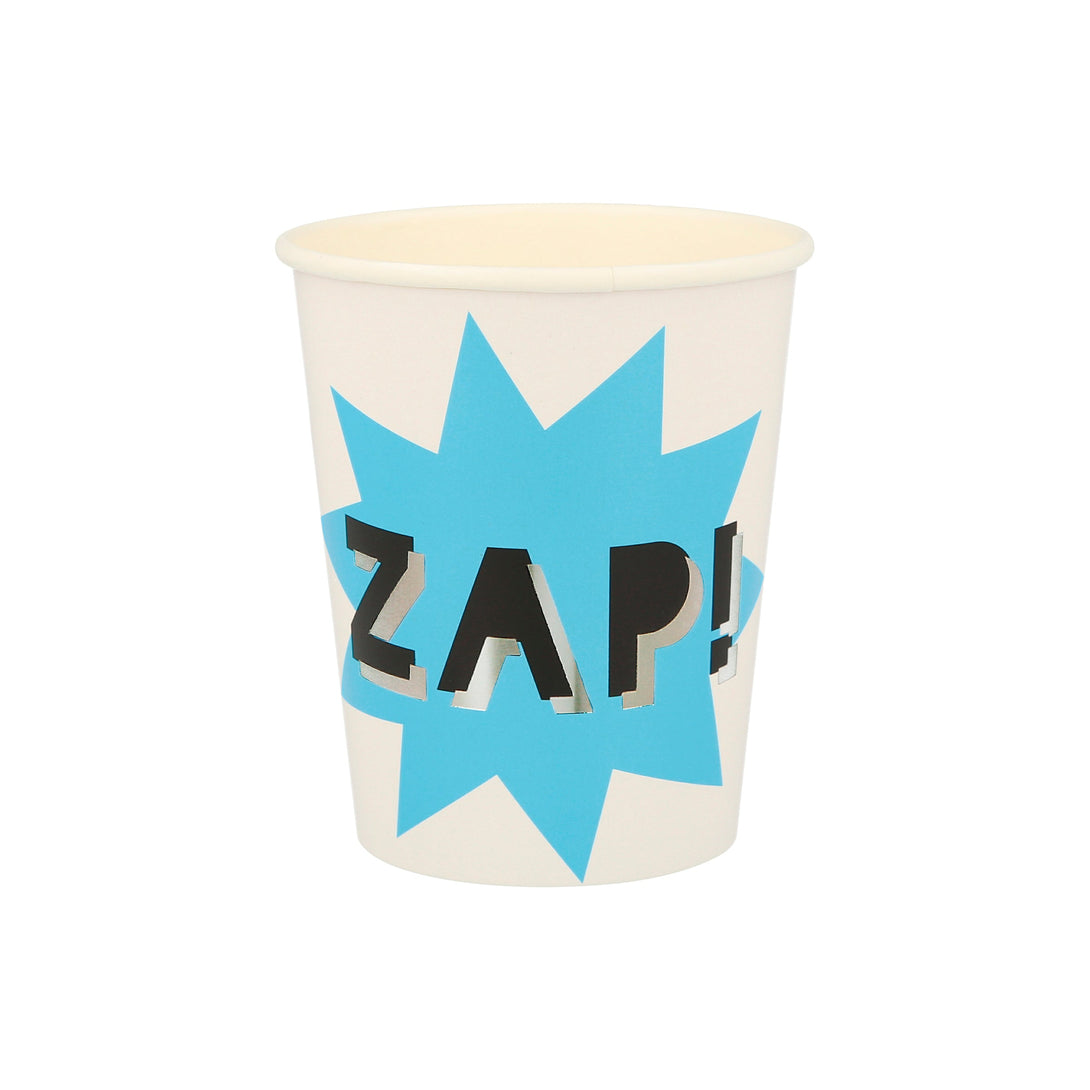 Our party cups, with comic book words, are ideal for a kids birthday party with a superhero theme.