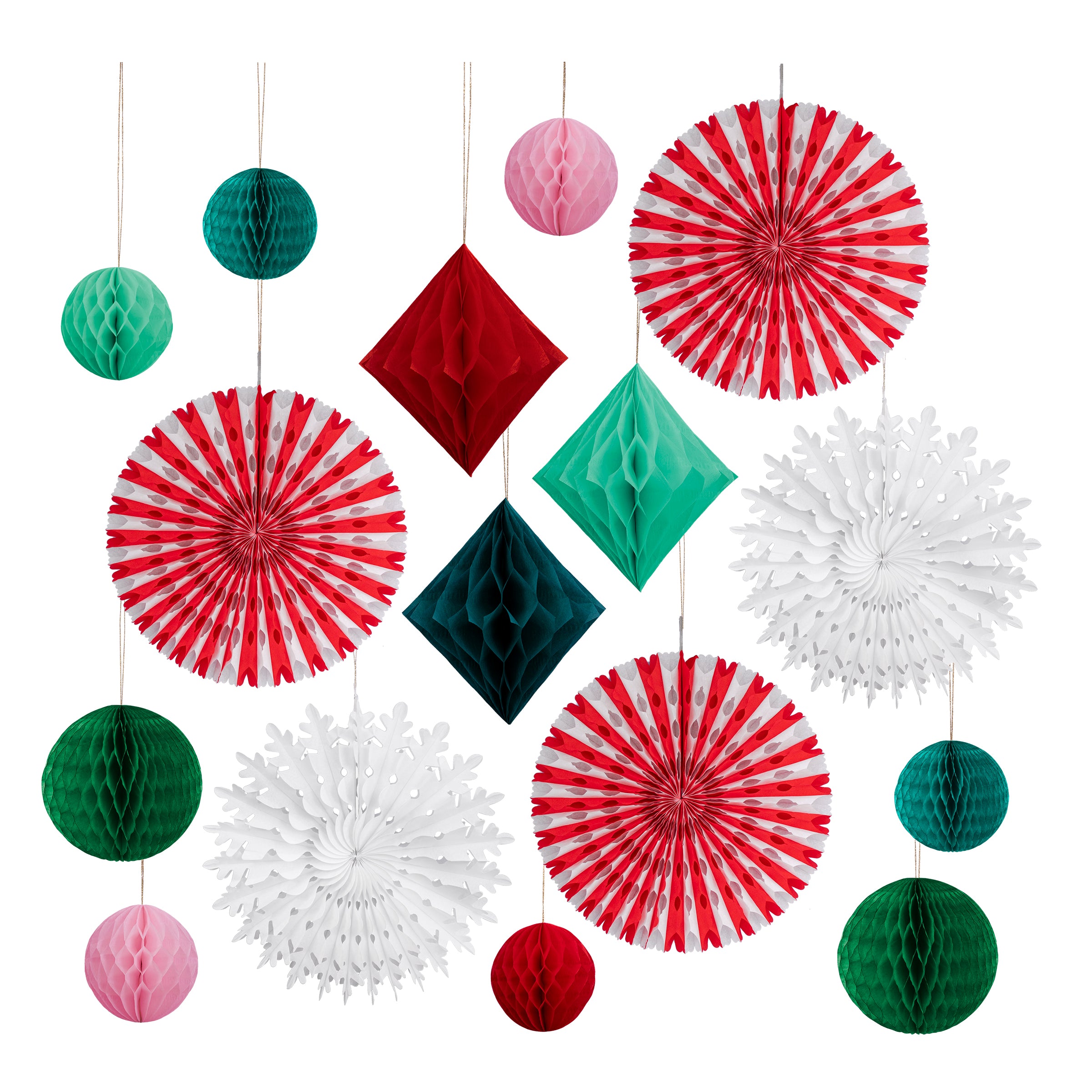 Our honeycomb Christmas decorations kit has 16 special designs in bright colors.