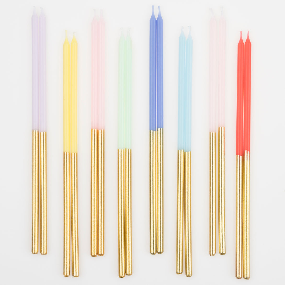 These gold candles are teamed with a rainbow of colors, ideal for a pride cake or birthday cake decorations.