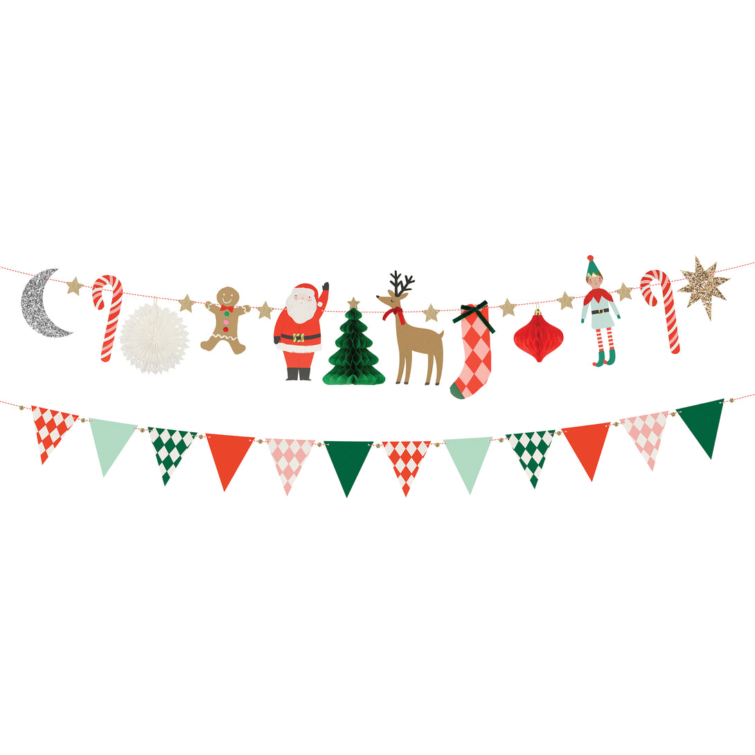 Our party garland, featuring Christmas characters, jingle bells and colorful flags, is the perfect glitter garland.