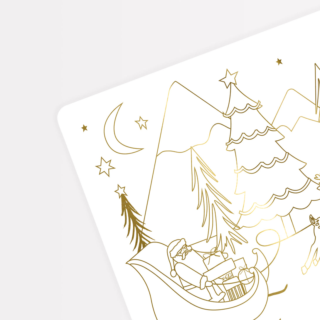 Our Christmas placemats are also coloring sheets for kids, with fabulous goil foil illustrations.