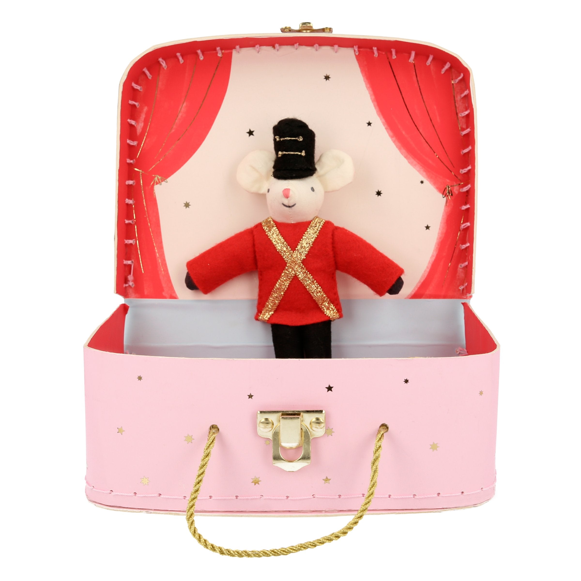 This pink mini suitcase contains 2 fabric ballet dolls, with a theater backdrop and little blanket.