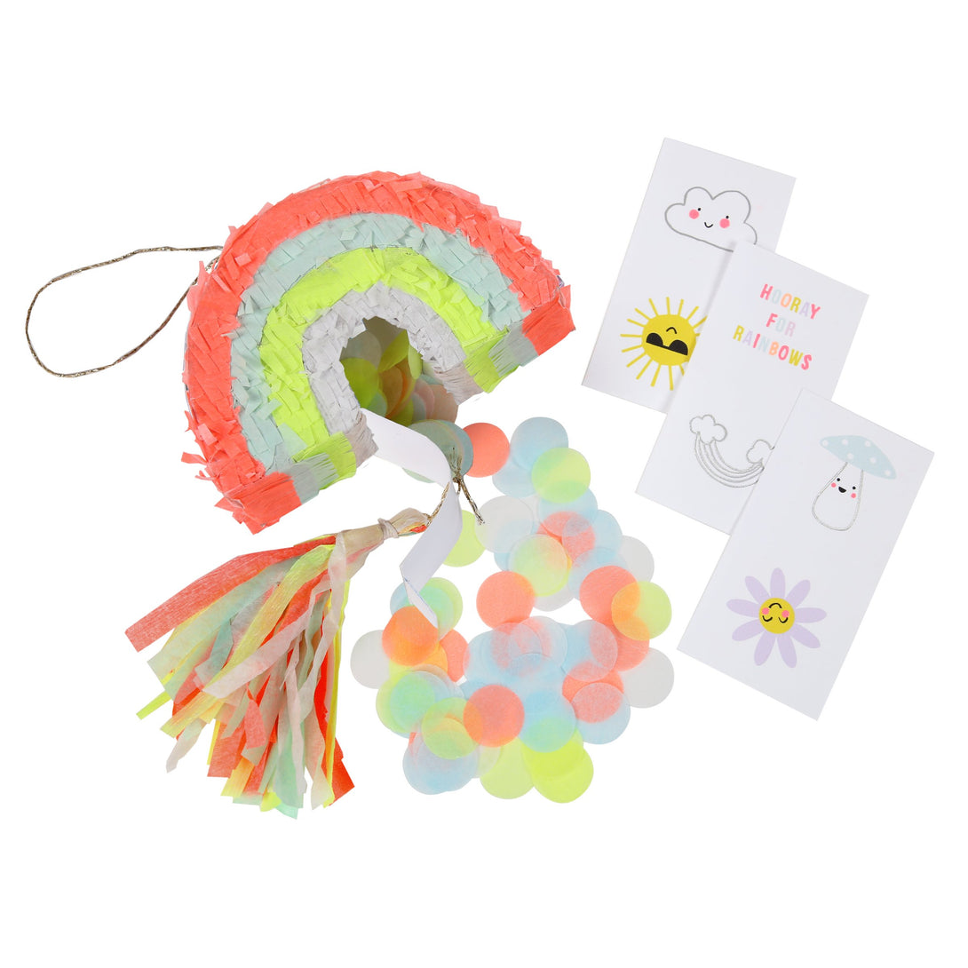 These mini pinatas, in the shape of a rainbow with a neon tassel, are filled with colorful confetti and temporary tattoos.
