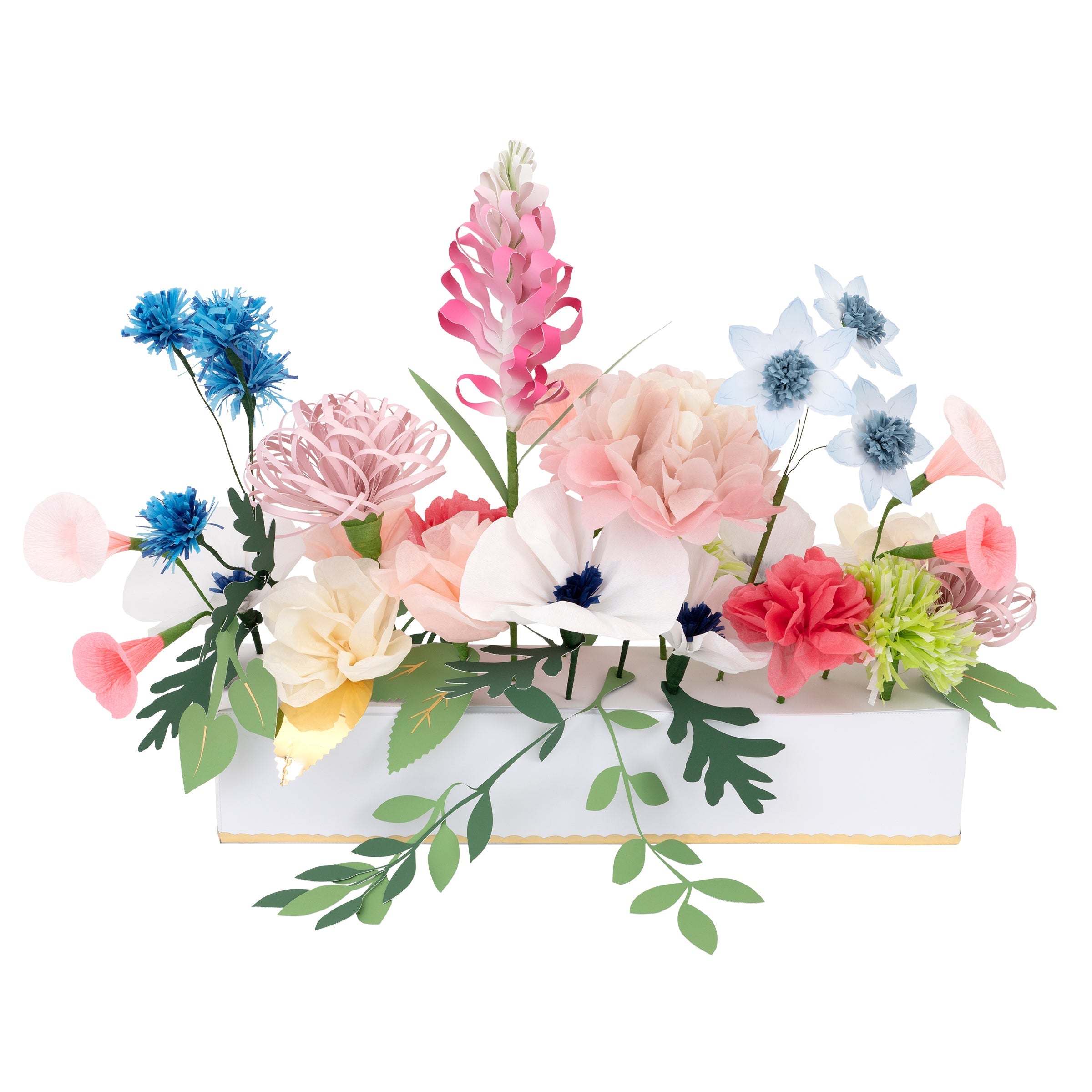 Our beautiful summer table decoration is crafted with stunning paper flowers and leaves.