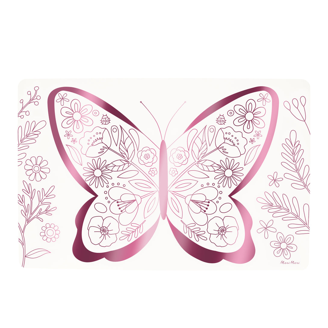 Our coloring placemats with pink foil butterfly and flower illustrations are perfect for a princess party or butterfly party.