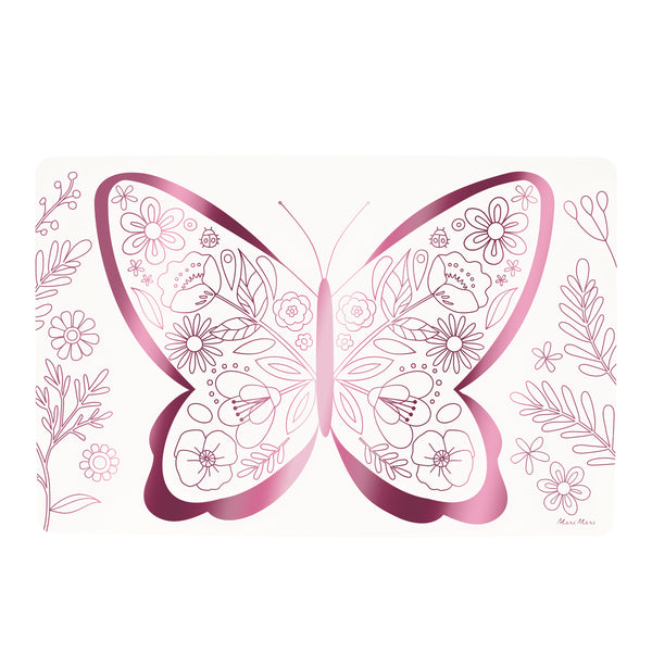 Our coloring placemats with pink foil butterfly and flower illustrations are perfect for a princess party or butterfly party. Image3