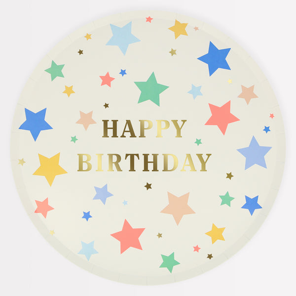 Our party plates have colorful stars and gold letters, perfect as birthday party plates.