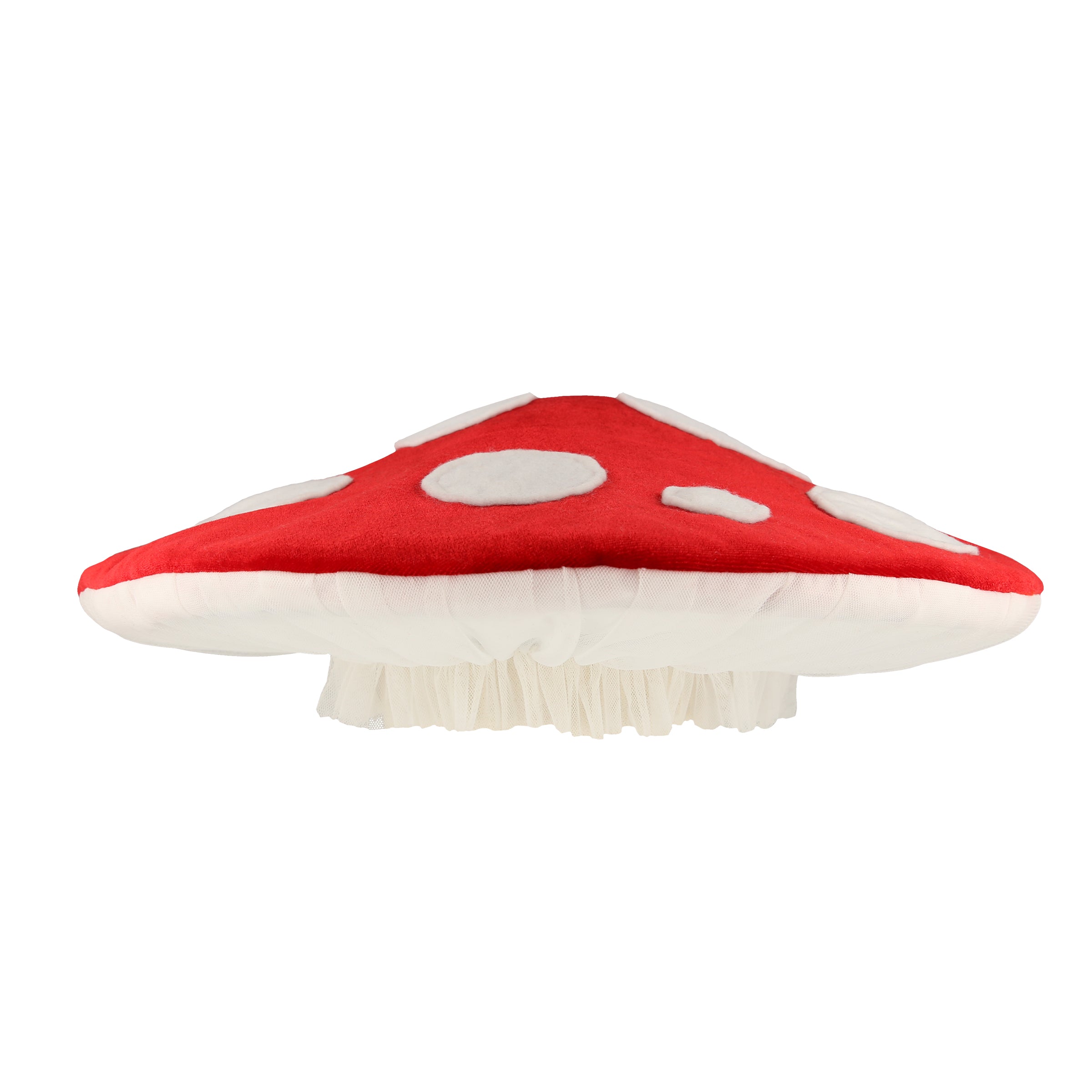 This adorable mushroom hat is crafted from soft velvet, perfect to add to your Halloween party supplies or for a fairy party.