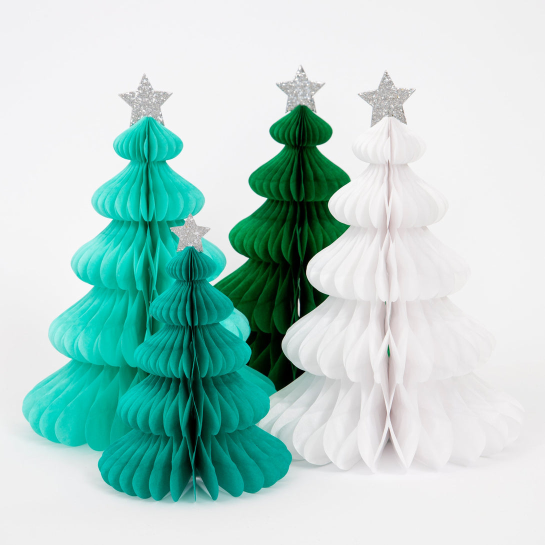 These honeycomb trees are crafted from tissue paper with silver glitter stars on top
