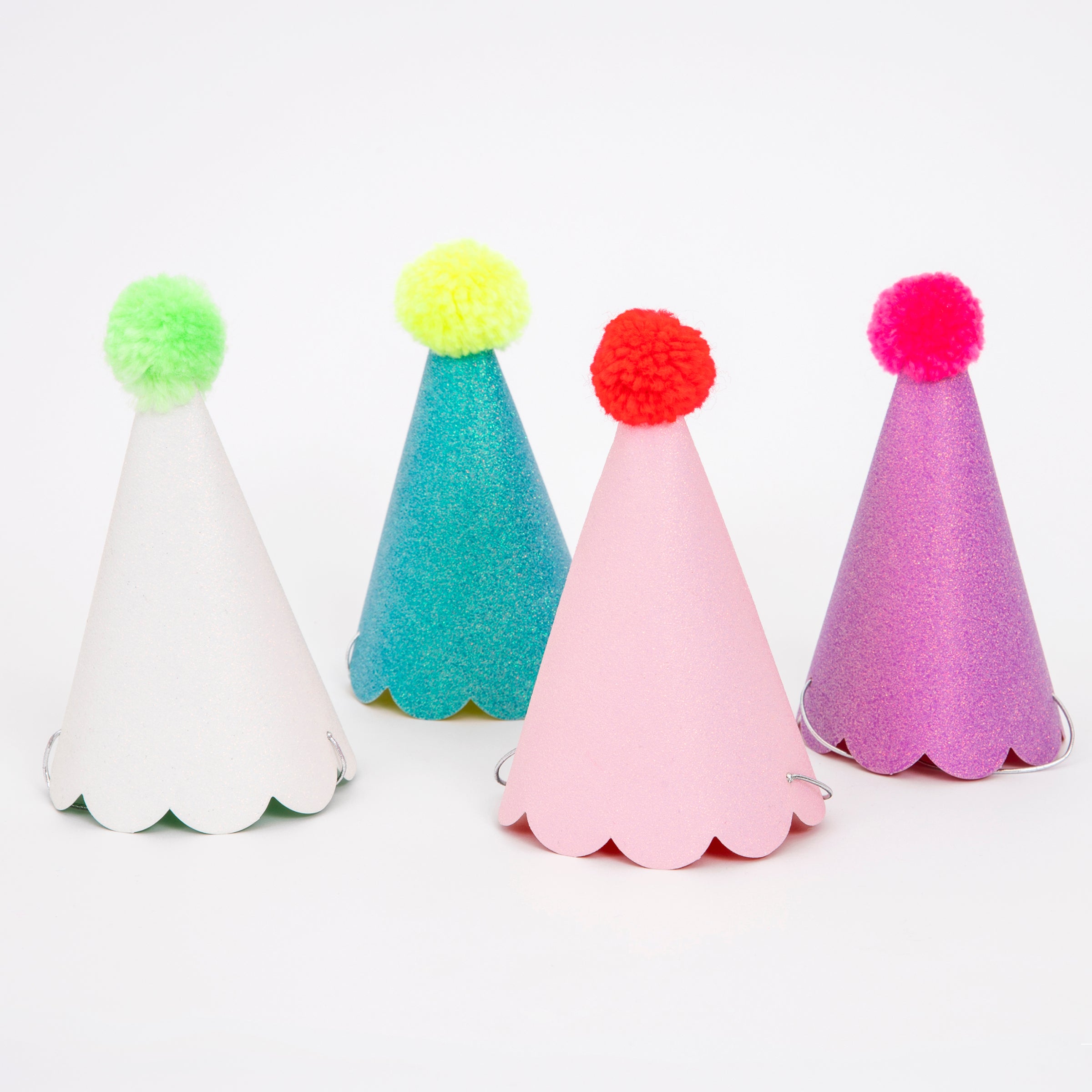 These fun hats are topped with colorful pompoms and covered with crystal glitter.