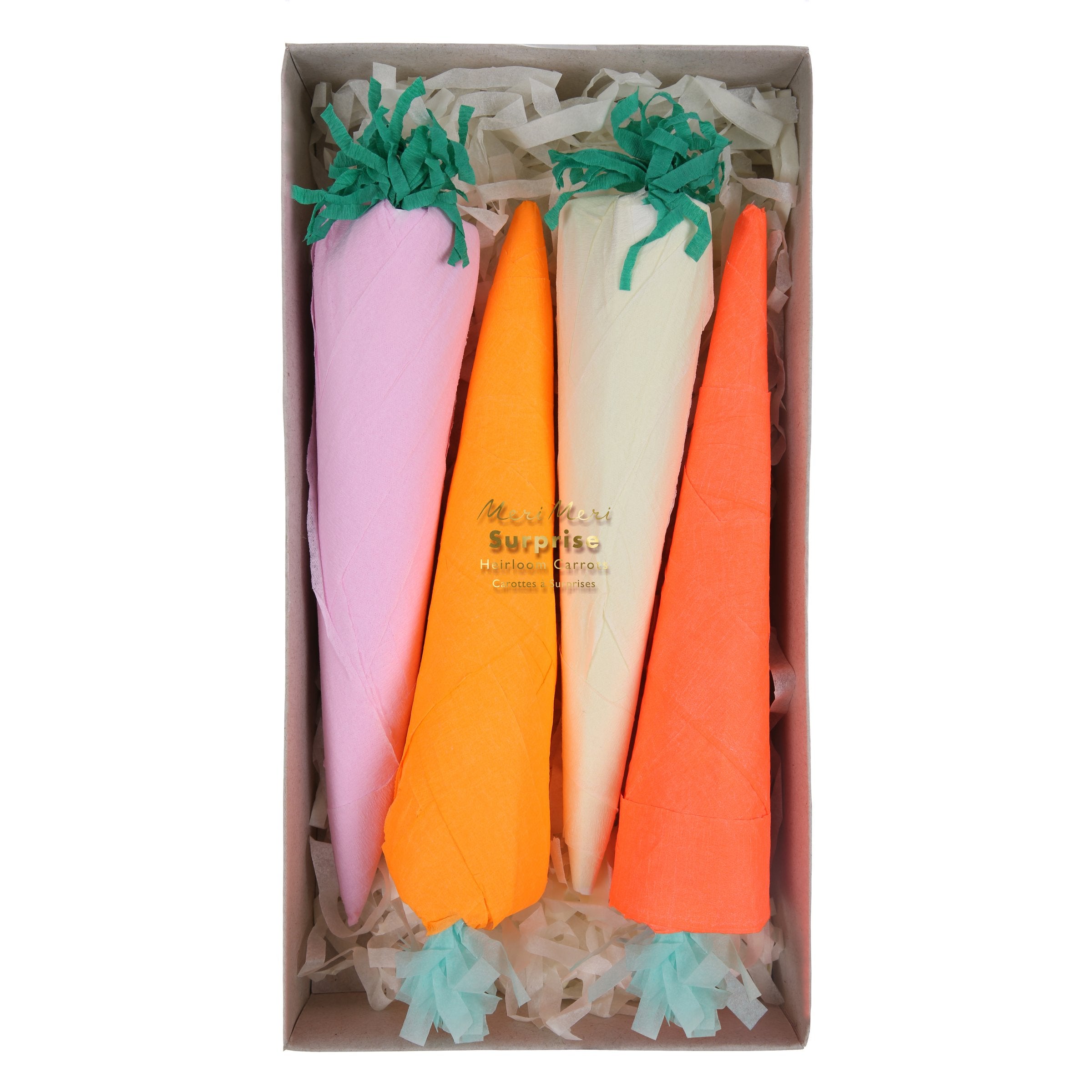 These surprise carrots are crafted from colorful crepe paper, and each contain a fluffy chick, 2 tempororary tattoos and a joke