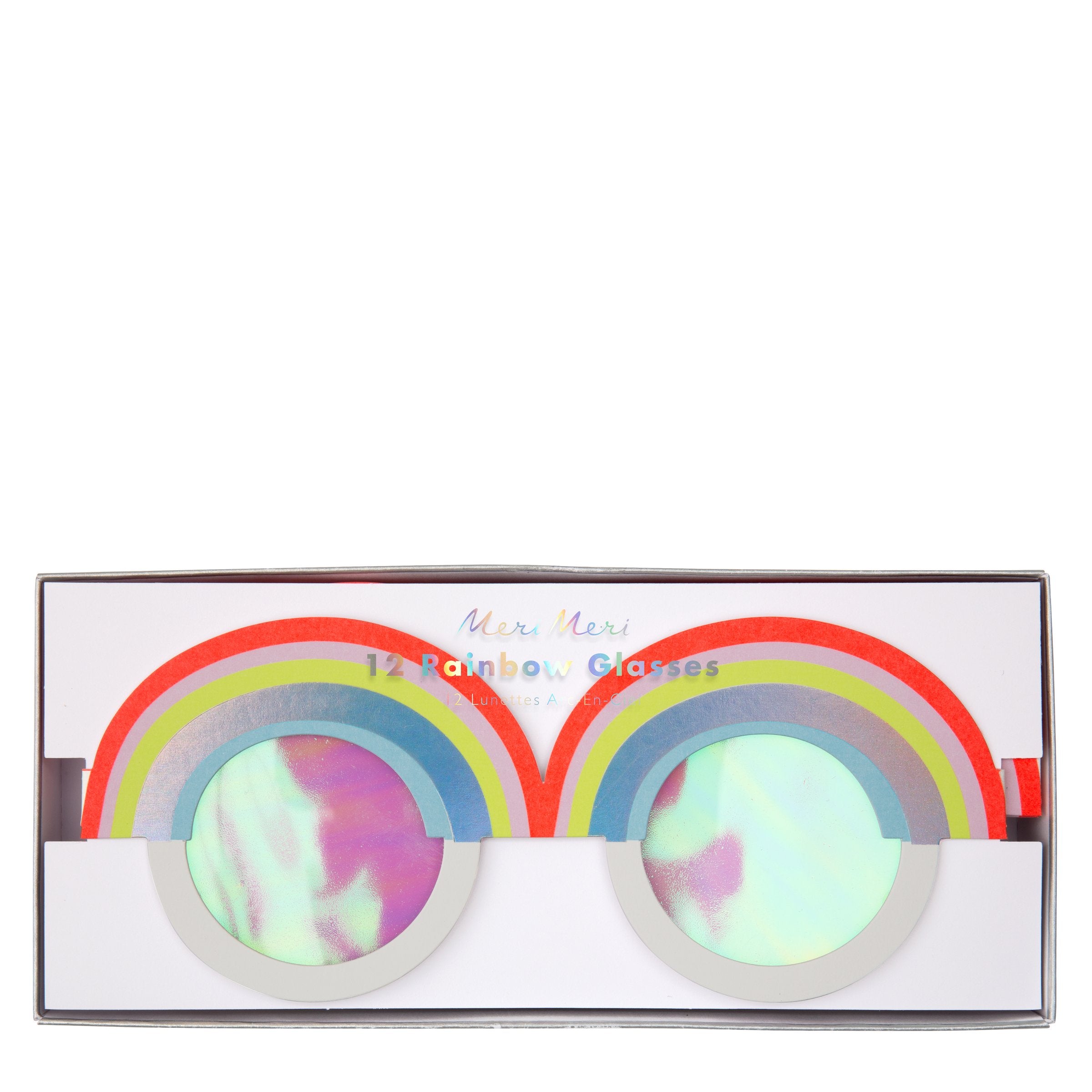These fun rainbow glasses have iridescent lenses, and neon and holographic print detail.