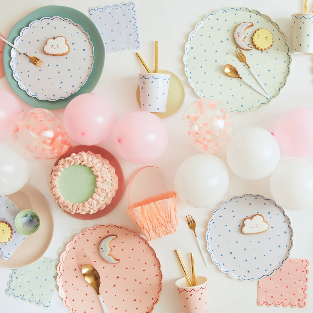 Our star plates, in a set with pink plates, blue plates and mint plates, are the perfect party plates for a kids birthday party.