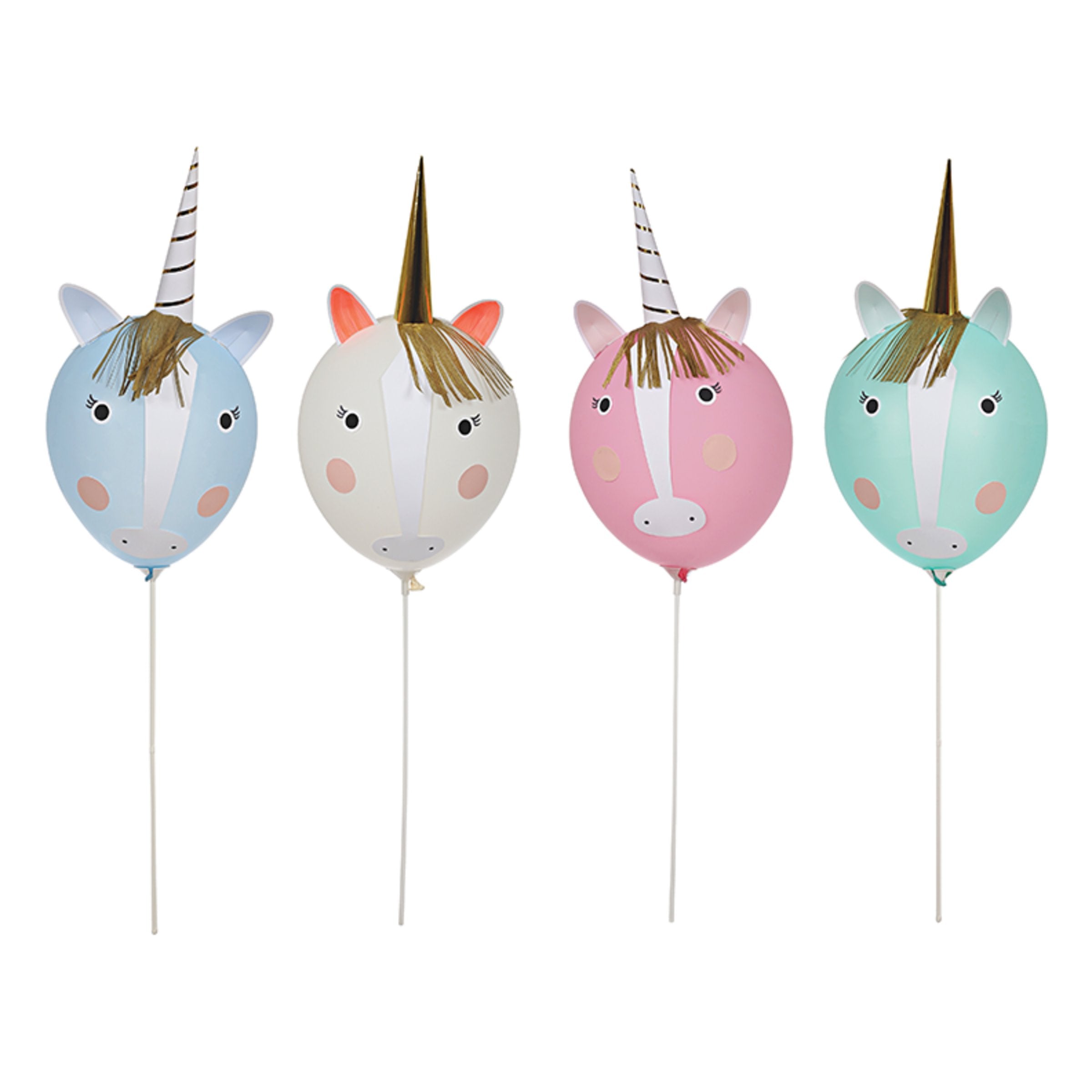 Make 4 magical unicorn balloons with this kit, with self-adhesive and push-out decorative pieces.