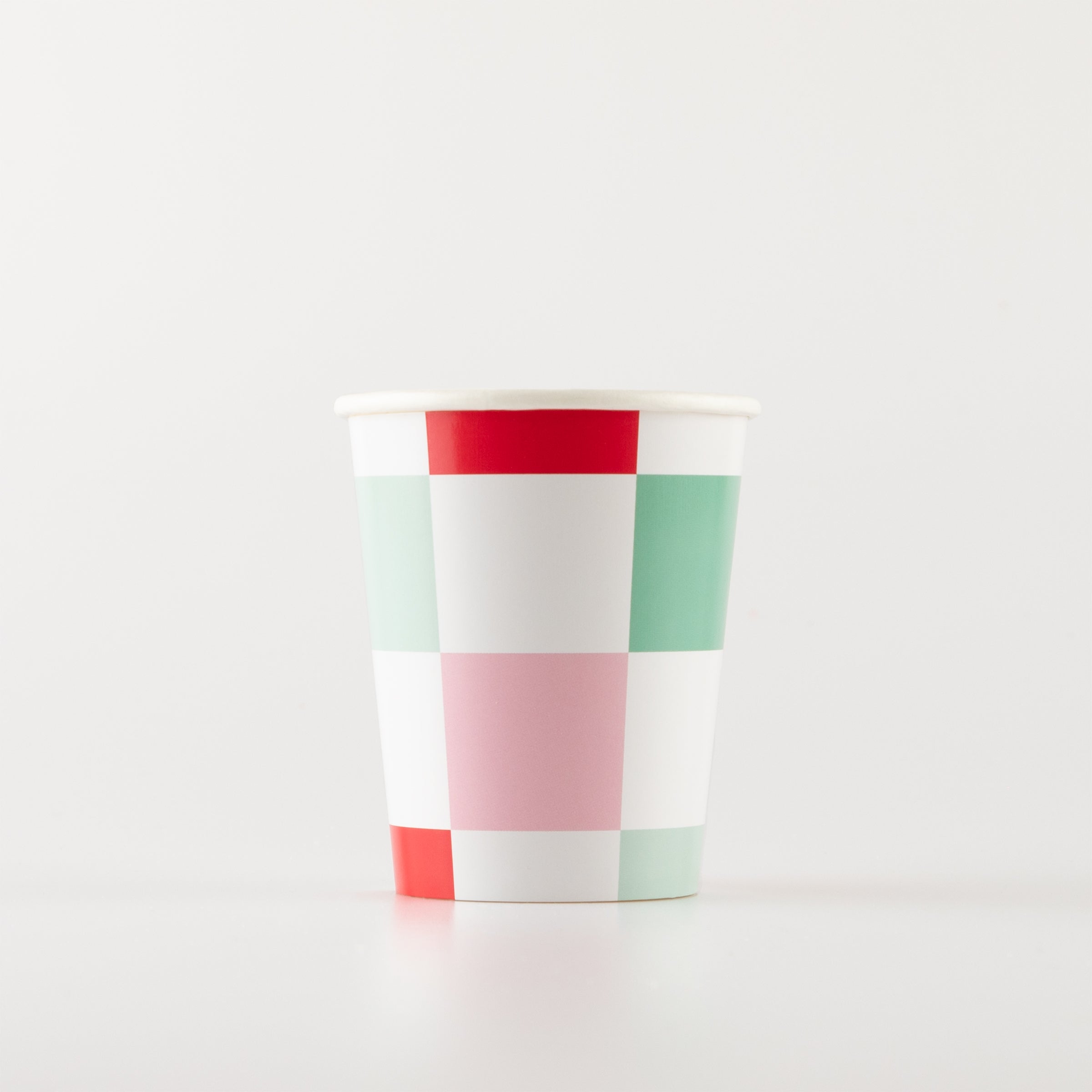 Our party cups, with colorful checks, are perfect for Christmas cocktails.