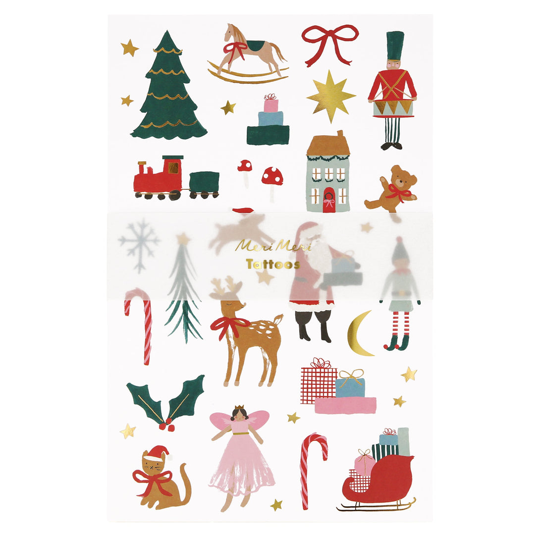 Our fabulous kids temporary tattoos feature Christmas icons, and make excellent Christmas accessories.