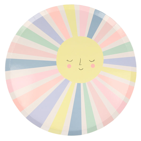 Fill your party with joy and cheer with these colorful smiling sun party plates.