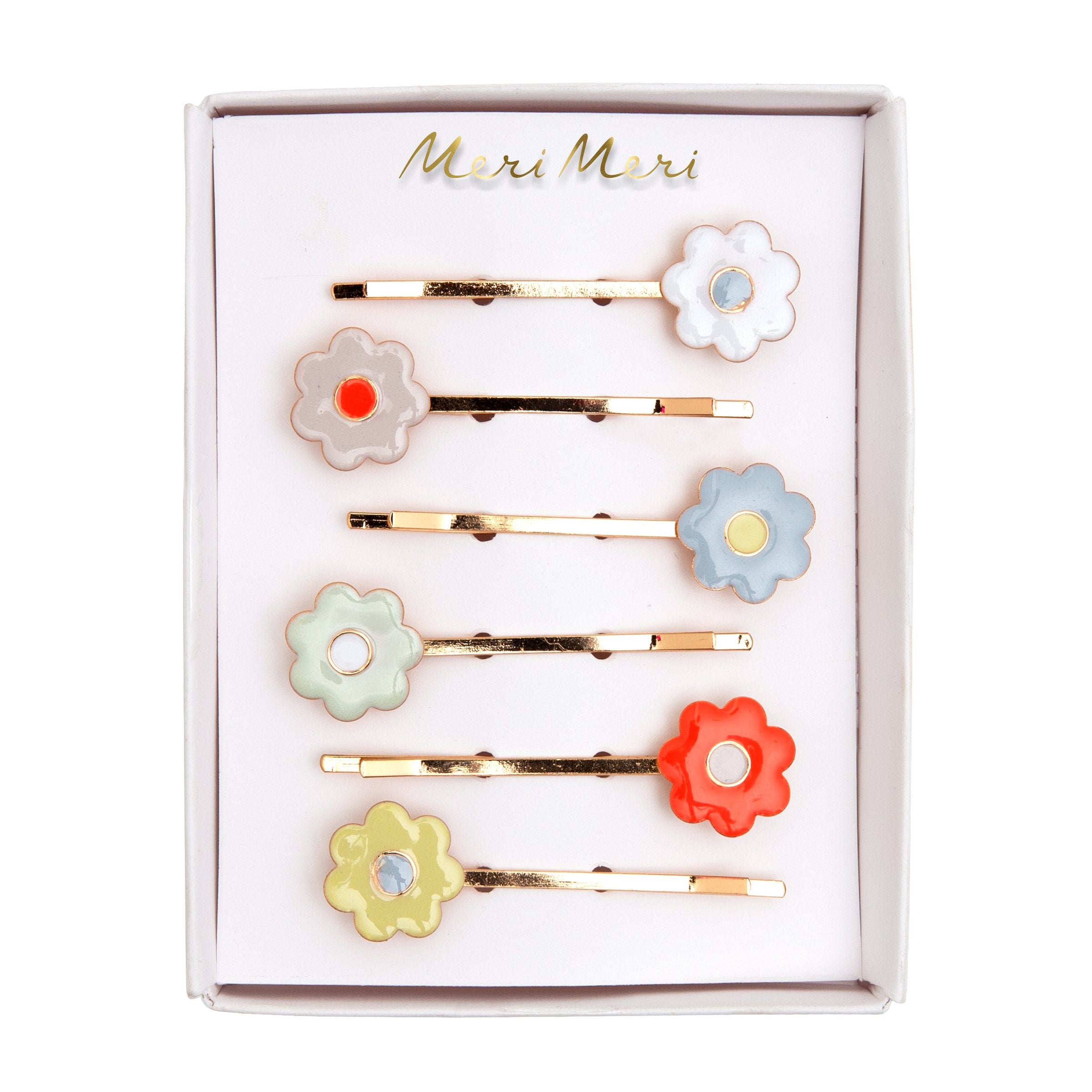 They are crafted from enamel daisies, in 6 different colors, with gold tone hair slides.